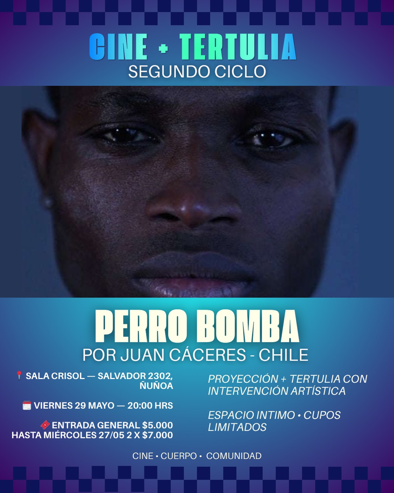 Afiche de la segunda tertulia: Perro Bomba de Juan Cáceres